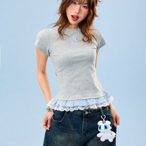 Double-Layered Spliced Short Sleeve T-Shirt for Women - American Style Sweet Girl Summer Slim Fit Top