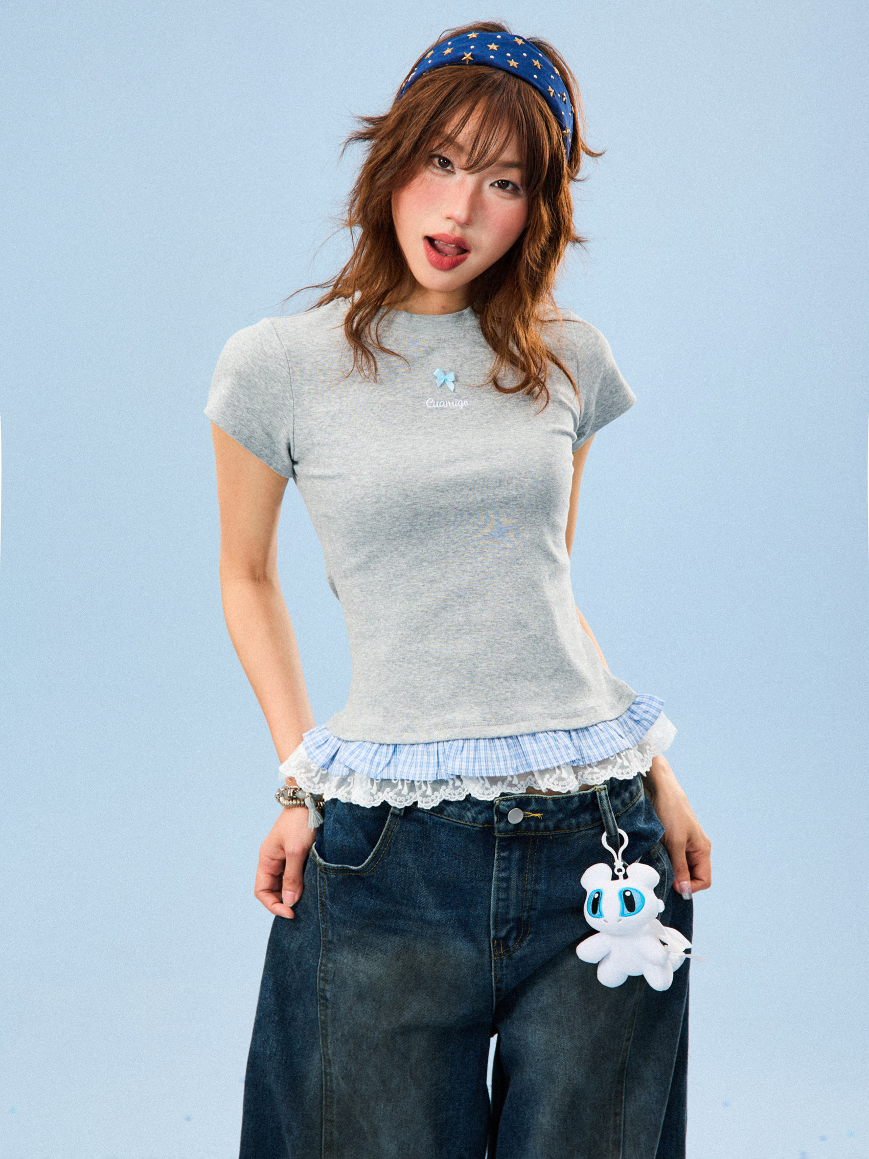 Double-Layered Spliced Short Sleeve T-Shirt for Women - American Style Sweet Girl Summer Slim Fit Top Double-Layered Spliced Short Sleeve T-Shirt for Women - American Style Sweet Girl Summer Slim Fit Top