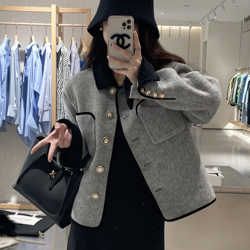 Double-Sided Cashmere Short Coat for Women with Gold Buttons - French Style Petite Woolen Jacket for Autumn and Winter 2024