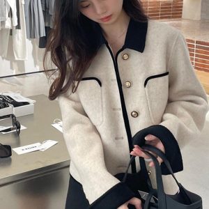 Double-Sided Cashmere Short Coat for Women with Gold Buttons - French Style Petite Woolen Jacket for Autumn and Winter 2024