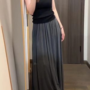 Draped Gray Midi Skirt for Women - Plus Size A-Line Long Skirt, Flattering Summer 2025 Fashion, Perfect for Casual Outings