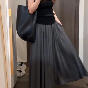 Draped Gray Midi Skirt for Women - Plus Size A-Line Long Skirt, Flattering Summer 2025 Fashion, Perfect for Casual Outings