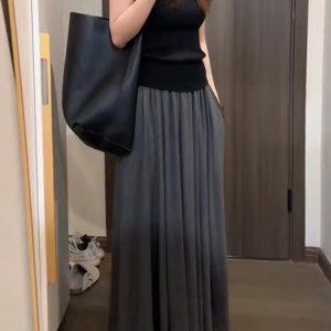 Draped Gray Midi Skirt for Women - Plus Size A-Line Long Skirt, Flattering Summer 2025 Fashion, Perfect for Casual Outings