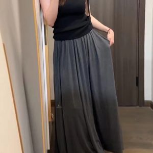 Draped Gray Midi Skirt for Women - Plus Size A-Line Long Skirt, Flattering Summer 2025 Fashion, Perfect for Casual Outings