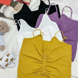 Drawstring Short Inner V-Neck Knitted Top - Pleated Sleeveless Slim-Fit Camisole for Women - Versatile Y2K Style