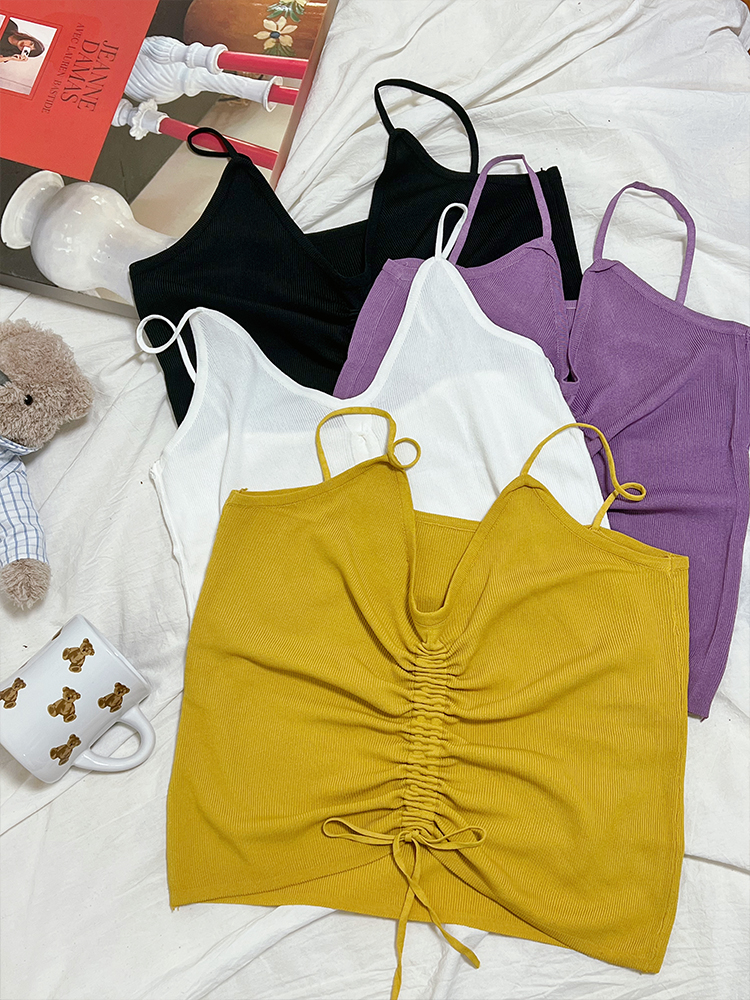 Drawstring Short Inner V-Neck Knitted Top - Pleated Sleeveless Slim-Fit Camisole for Women - Versatile Y2K Style Drawstring Short Inner V-Neck Knitted Top - Pleated Sleeveless Slim-Fit Camisole for Women - Versatile Y2K Style