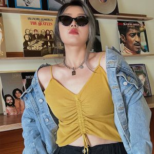 Drawstring Short Inner V-Neck Knitted Top - Pleated Sleeveless Slim-Fit Camisole for Women - Versatile Y2K Style