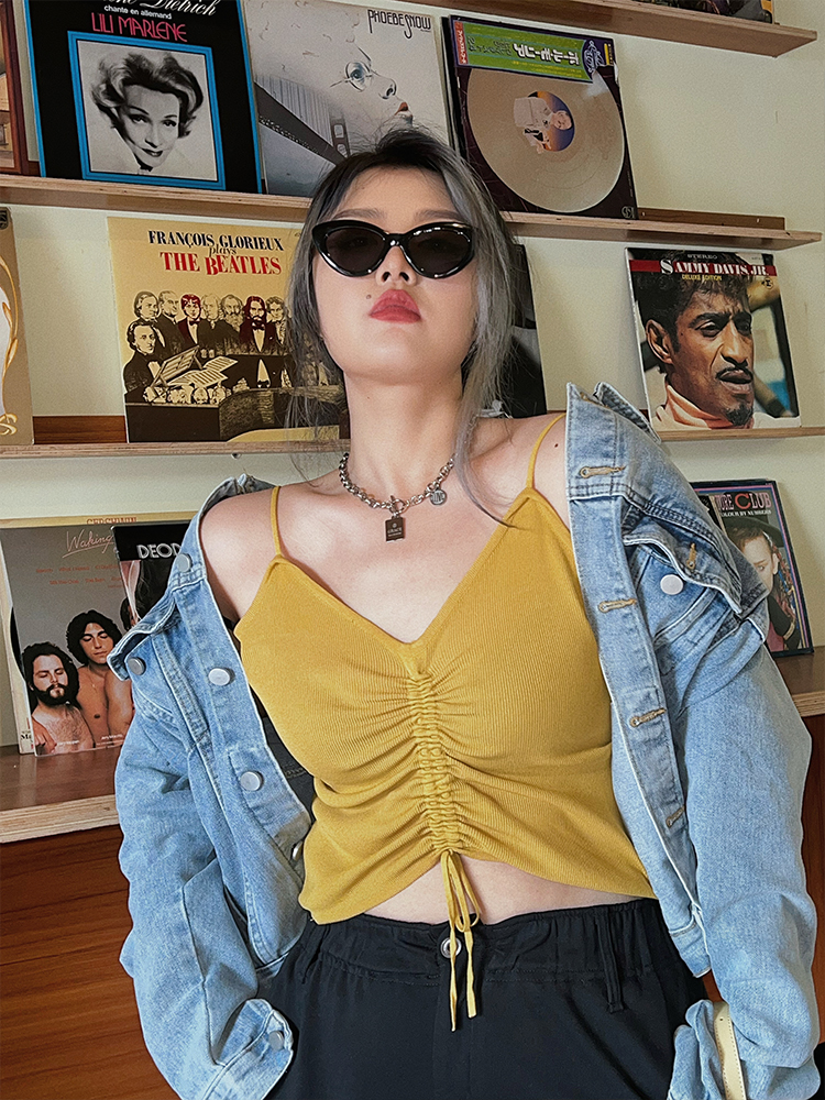 Drawstring Short Inner V-Neck Knitted Top - Pleated Sleeveless Slim-Fit Camisole for Women - Versatile Y2K Style Drawstring Short Inner V-Neck Knitted Top - Pleated Sleeveless Slim-Fit Camisole for Women - Versatile Y2K Style