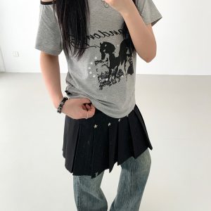 Dream Horse Print Color-Block Asymmetrical One-Shoulder T-Shirt for Women - Summer Loose Casual Short Sleeve Top, Y2K Style