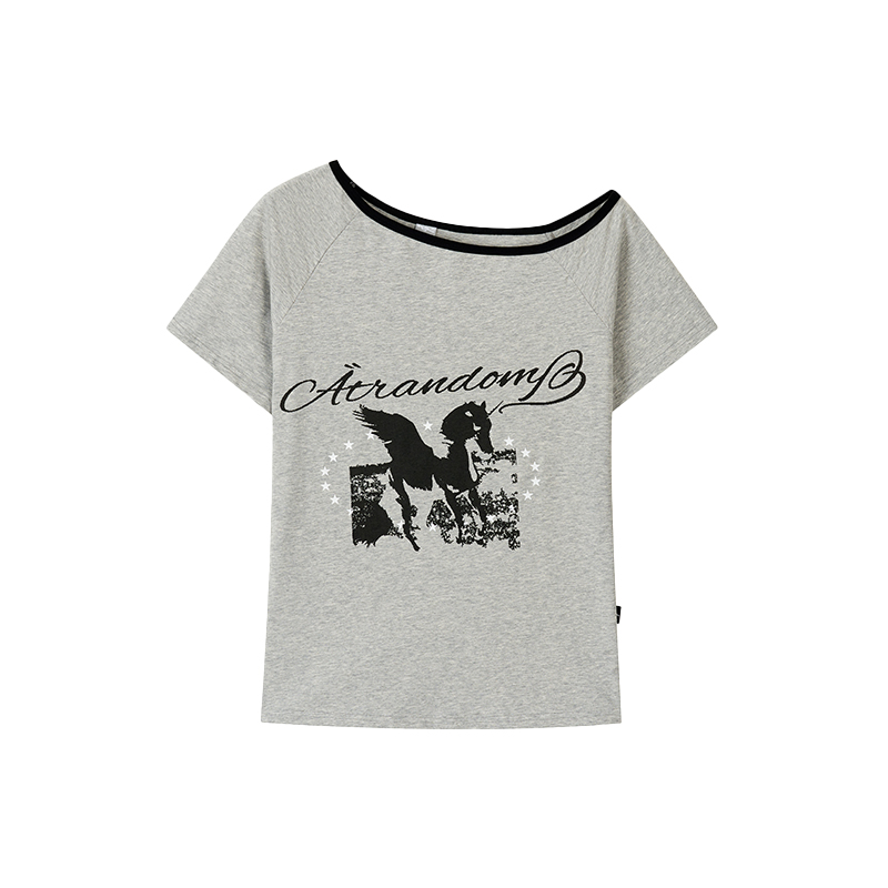 Dream Horse Print Color-Block Asymmetrical One-Shoulder T-Shirt for Women - Summer Loose Casual Short Sleeve Top, Y2K Style