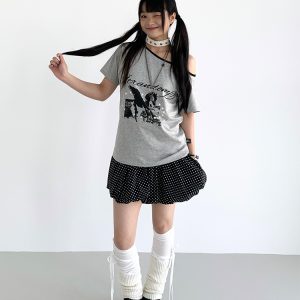 Dream Horse Print Color-Block Asymmetrical One-Shoulder T-Shirt for Women - Summer Loose Casual Short Sleeve Top, Y2K Style