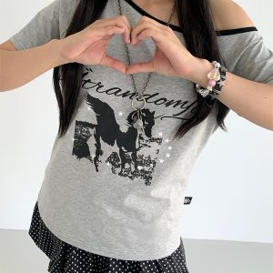 Dream Horse Print Color-Block Asymmetrical One-Shoulder T-Shirt for Women - Summer Loose Casual Short Sleeve Top, Y2K Style