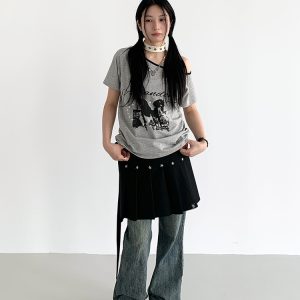 Dream Horse Print Color-Block Asymmetrical One-Shoulder T-Shirt for Women - Summer Loose Casual Short Sleeve Top, Y2K Style