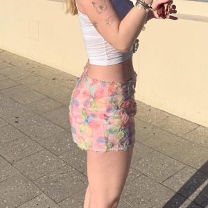 Dreamy Clouds Floral Bodycon Skirt - Ultra-Short, Low-Waist, Brushed Edge, Y2K Style Women's Half Skirt