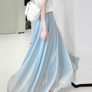Dreamy High-Waisted Soft Smoke Chiffon Maxi Skirt - Light and Hazy Luster, Flowing Eight-Meter Swing Style for Spring and Summer