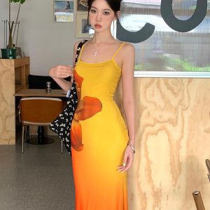 Ecological Gradient Floral Fishtail Dress - Reversible Design, 3D Flower Details, Perfect for Sunset Strolls, Y2K Style