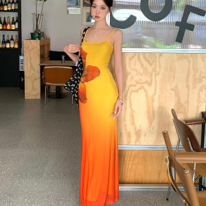 Ecological Gradient Floral Fishtail Dress - Reversible Design, 3D Flower Details, Perfect for Sunset Strolls, Y2K Style