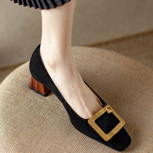Elegant All-Leather Chunky-Heeled Shallow Mouth Shoes with Metal Square Buckle - Chic Italian Style High Heels