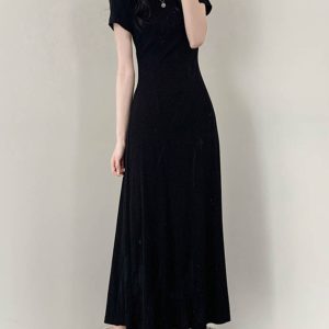Elegant Black A-Line Long Dress with Half-High Collar, Spliced Ribbed Cotton, Slim Fit, Flattering Design for Spring and Summer