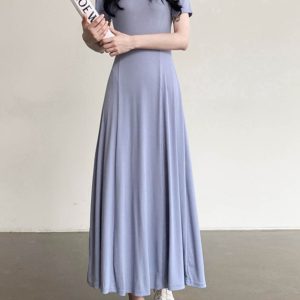 Elegant Black A-Line Long Dress with Half-High Collar, Spliced Ribbed Cotton, Slim Fit, Flattering Design for Spring and Summer