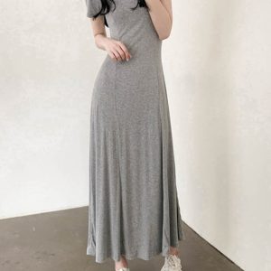 Elegant Black A-Line Long Dress with Half-High Collar, Spliced Ribbed Cotton, Slim Fit, Flattering Design for Spring and Summer