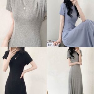 Elegant Black A-Line Long Dress with Half-High Collar, Spliced Ribbed Cotton, Slim Fit, Flattering Design for Spring and Summer