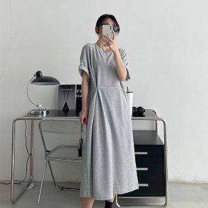 Elegant Black Button Dress for Women - Spring Summer Waist-Cinching Split Short Sleeve T-Shirt Style, Casual Grapefruit Design