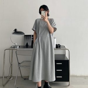 Elegant Black Button Dress for Women - Spring Summer Waist-Cinching Split Short Sleeve T-Shirt Style, Casual Grapefruit Design