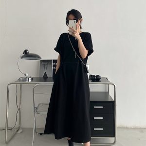 Elegant Black Button Dress for Women - Spring Summer Waist-Cinching Split Short Sleeve T-Shirt Style, Casual Grapefruit Design