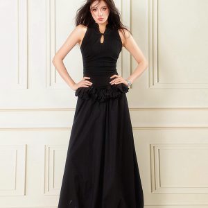 Elegant Black Chinese Style Buttoned Puff Long Skirt - Slimming Hollow-Out Design, Perfect for Formal Ceremonies and Events
