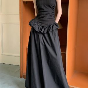 Elegant Black Chinese Style Buttoned Puff Long Skirt - Slimming Hollow-Out Design, Perfect for Formal Ceremonies and Events