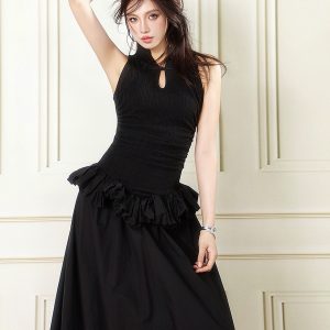 Elegant Black Chinese Style Buttoned Puff Long Skirt - Slimming Hollow-Out Design, Perfect for Formal Ceremonies and Events