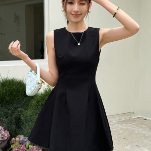Elegant Black Sleeveless Dress - Light Fabric Hepburn Style Little Black Dress for Summer with Short Waist Skirt