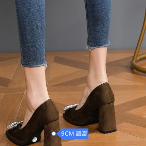 Elegant Black Suede High Heels with Square Buckle and Rhinestone, Versatile Square-Toe Slip-On Party Shoes for Women