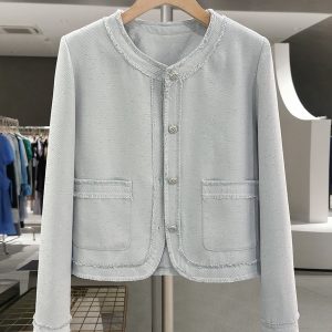 Elegant Blue Cool-Toned Women's Jacket - Small Fragrance Style Short Commuter Top for Spring and Autumn 2025 Fashion