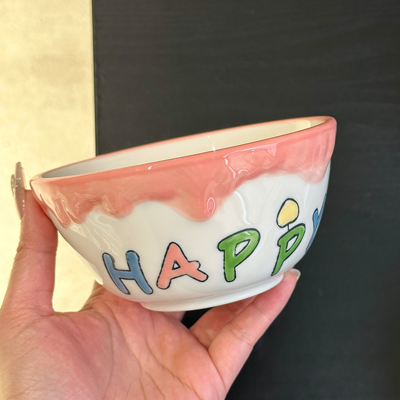 Elegant Ceramic Birthday Cake Bowl and Plate Set - High-Temperature Underglaze Tableware for Home Use