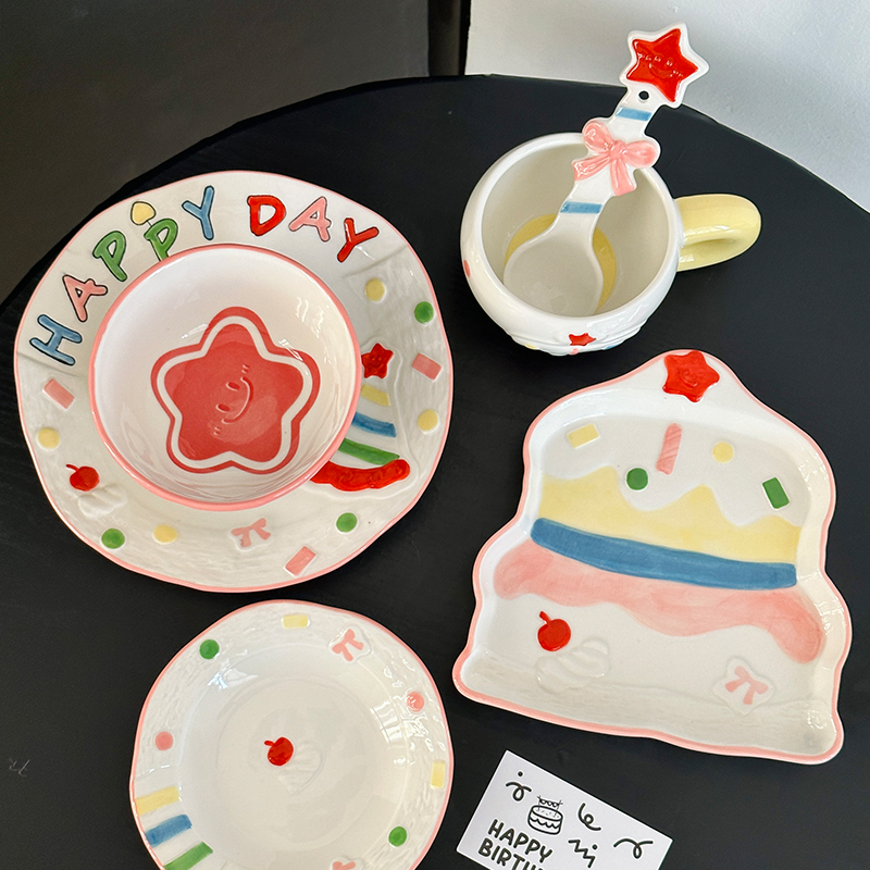 Elegant Ceramic Birthday Cake Bowl and Plate Set - High-Temperature Underglaze Tableware for Home Use