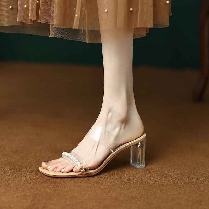 Elegant Fairy Style Pearl Transparent Crystal High Heeled Slide Sandals for Women - Dreamy Fashion, Y2K Vibes