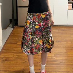 Elegant Floral Print Pleated Midi Skirt Plus Size - American Retro High-End Summer 2025 Women's Fashion