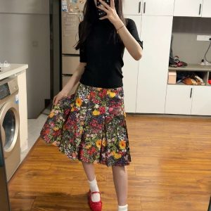 Elegant Floral Print Pleated Midi Skirt Plus Size - American Retro High-End Summer 2025 Women's Fashion