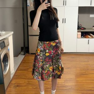 Elegant Floral Print Pleated Midi Skirt Plus Size - American Retro High-End Summer 2025 Women's Fashion
