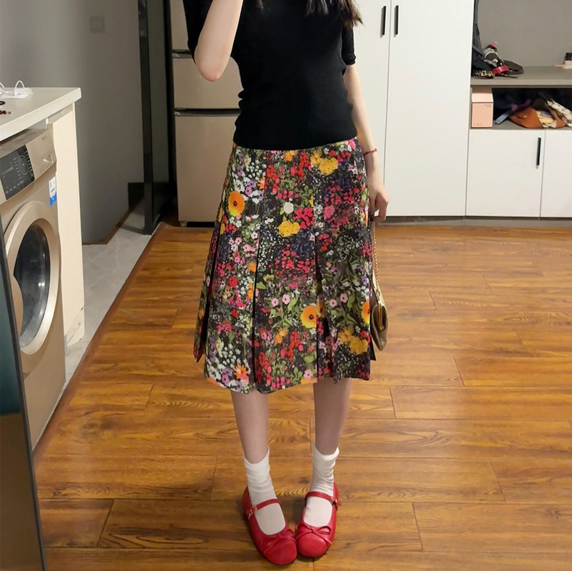 Elegant Floral Print Pleated Midi Skirt Plus Size - American Retro High-End Summer 2025 Women's Fashion