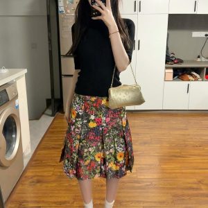 Elegant Floral Print Pleated Midi Skirt Plus Size - American Retro High-End Summer 2025 Women's Fashion