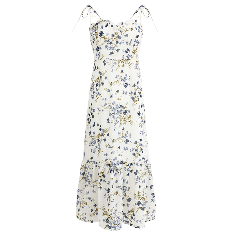 Elegant Floral Spaghetti Strap Long White Dress - French Style Summer Vacation 2025 Women's Fashion