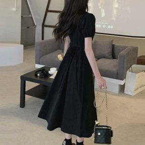 Elegant Hepburn-Style Black Square-Neck Dress for Women, 2025 Summer, High-End Waist-Cinching Mid-Length Fashion