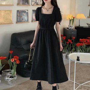 Elegant Hepburn-Style Black Square-Neck Dress for Women, 2025 Summer, High-End Waist-Cinching Mid-Length Fashion