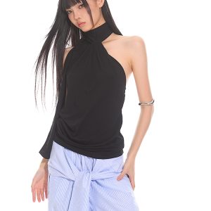 Elegant High-End Ribbon Neck Hanging Waist Vest Outerwear Top for Women - 2025 Early Autumn Style, Chic Fashion Essential