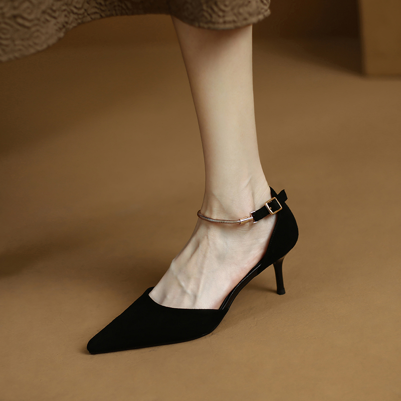 Elegant Hollow Pointed-Toe Sandals for Women - Summer Floral Chain Buckle High Heels in Genuine Leather, Chic and Stylish Footwear