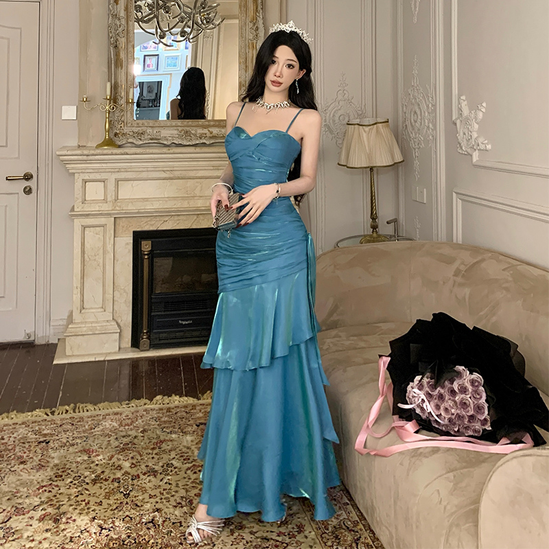 Elegant Mermaid Blue Fishtail Dress for Women - Summer Goddess Waist-Cinching Slim Fit Spaghetti Strap - High-End Fashion Elegant Mermaid Blue Fishtail Dress for Women - Summer Goddess Waist-Cinching Slim Fit Spaghetti Strap - High-End Fashion