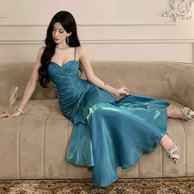 Elegant Mermaid Blue Fishtail Dress for Women - Summer Goddess Waist-Cinching Slim Fit Spaghetti Strap - High-End Fashion